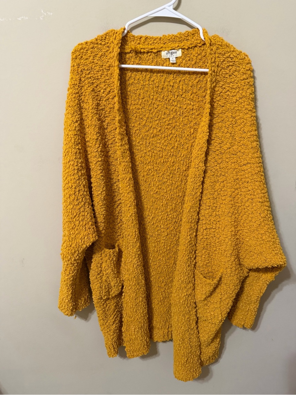 Umgee Mustard Popcorn Knit Open Cardigan Sweater small oversized librarian chic
